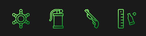 Set line Police shotgun, Hexagram sheriff, Hand smoke grenade and Bullet casing with ruler. Gradient color icons. Vector - Vector, Image
