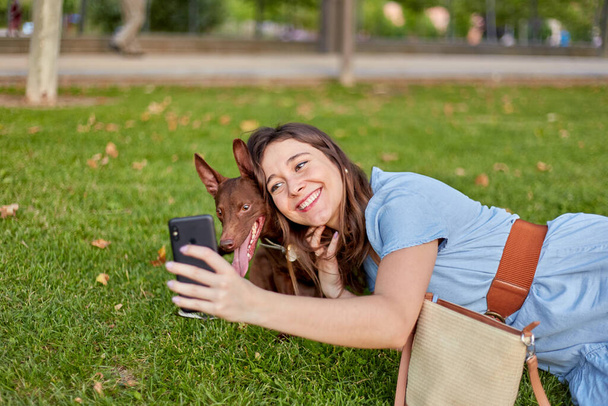 Bella giovane donna che si fa un selfie con il suo cane faraone sdraiato sull'erba in un parco.  - Foto, immagini