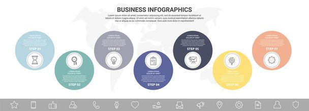 Vector seven step infographics from circles with icons. Modern timeline concept for chart, levels, web, diagram, banner, presentations, business, diagram - Vector, Image