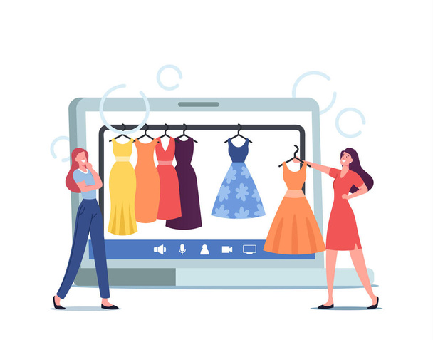 Profissional Shopper Personagem Feminino e Estilista de Moda Pessoal Escolha Roupas Elegantes na Loja de Vestuário Online - Vetor, Imagem