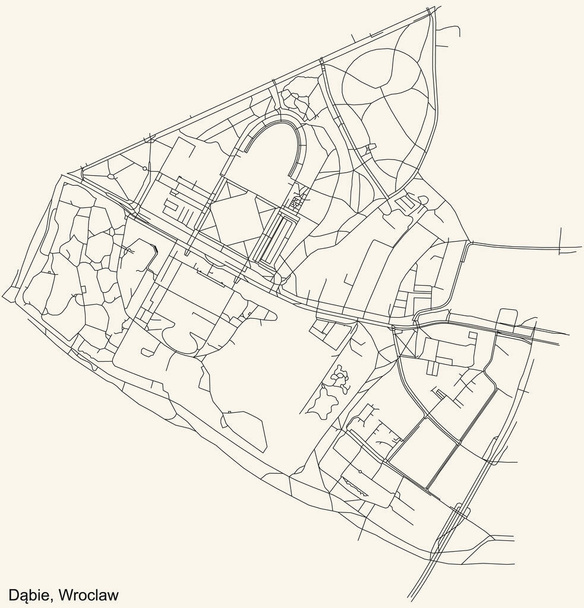 Preto simples mapa detalhado de estradas de rua no fundo bege do vintage do bairro Dbie distrito de Wroclaw, Polônia - Vetor, Imagem