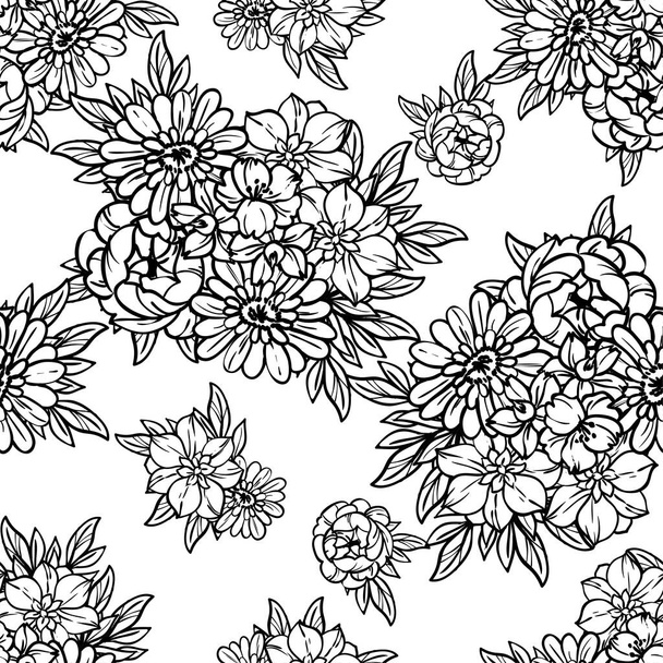 Abstract elegance seamless black and white background with flowers - Vector, imagen