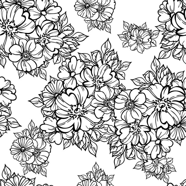 Abstract elegance seamless black and white background with flowers - Vecteur, image
