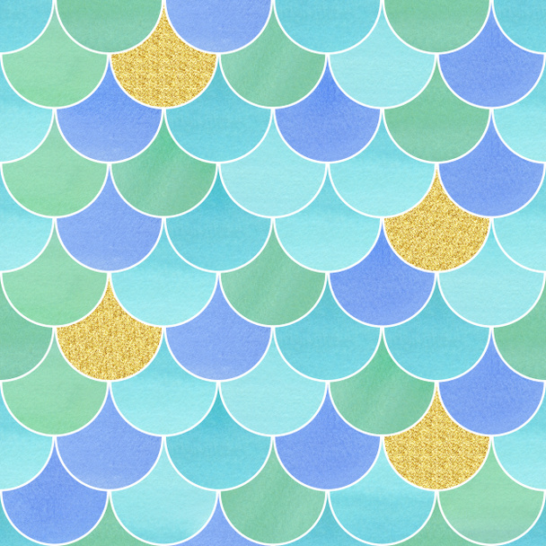 Бірюзові блакитні золоті русалки. Акварельна ілюстрація рибної квадрами. Підводний безшовний візерунок
. - Фото, зображення