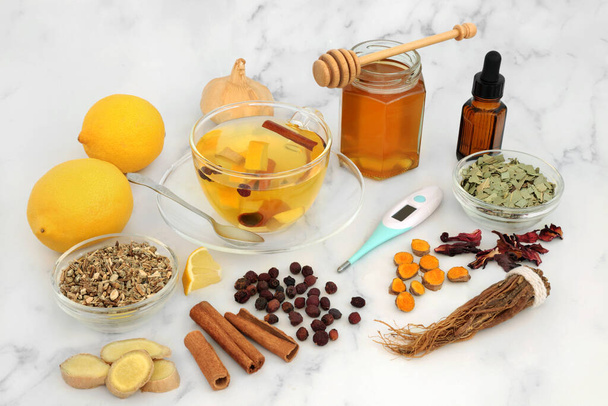 Immune boosting hot drink for cold & flu virus remedy with honey, lemon, ginger, ginseng, hibiscus, eucalyptus, echinacea, turmeric, hawthorn berries and cinnamon. High in antioxidants and vitamin c. - Photo, Image