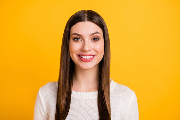 Portrait of gorgeous young girl candid toothy smile look camera isolated on bright yellow color background - Φωτογραφία, εικόνα