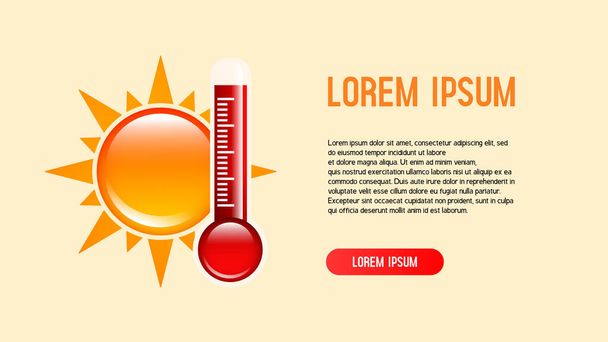 Banner de verano para ilustrar las condiciones climáticas: calor y alta temperatura. Termómetro y sol. Ilustración vectorial. - Vector, imagen