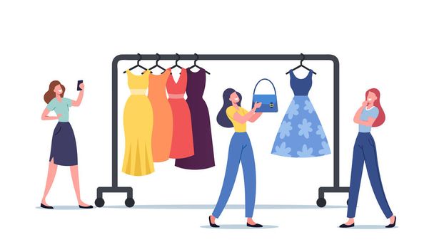 Woman Chat with Wardrobe Consultant Online via Smartphone. Female Character Choose Dress in Store with Fashion Stylist - Vector, Image