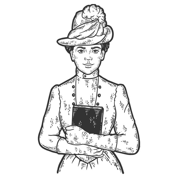 Της μόδας του δέκατου ένατου αιώνα. Γυναίκα που κρατάει τα βιβλία της στο στήθος. Χρώμα απομίμησης πίνακα σχεδίασης. - Διάνυσμα, εικόνα
