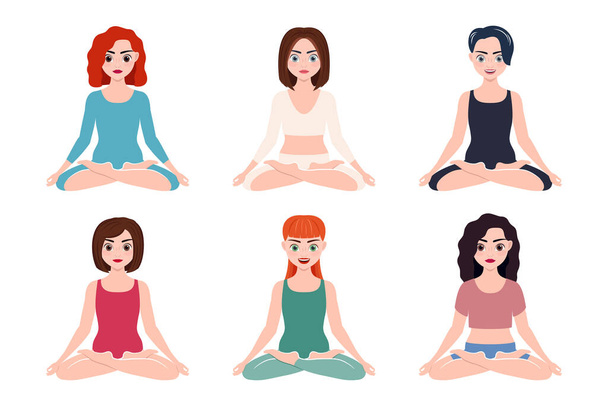 girls are sitting in the lotus position. set of vector icons. women are engaged in meditation, yoga. - Vector, imagen