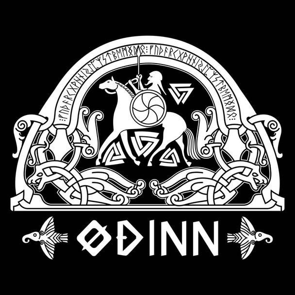Skandinavisches Wikinger-Design, Gott Odin auf einem Kriegspferd und altennordischer Ornament mit Runen - Vektor, Bild