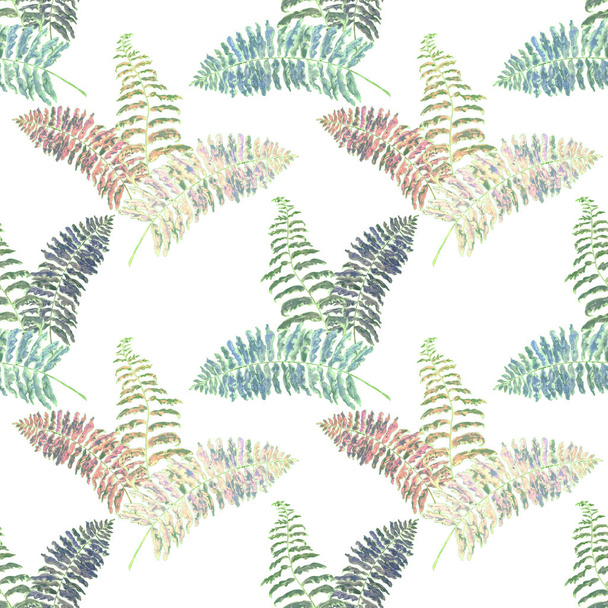 Hawaiian floral seamless patern with watercolor tropical leaves. Ferns. Exotic  spring or summer nature background. Colorful texture for any kind of a design. - Photo, Image