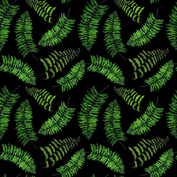 Hawaiian floral seamless patern with watercolor tropical leaves on black. Ferns. Exotic  spring or summer nature background. Colorful texture for any kind of a design. - Φωτογραφία, εικόνα