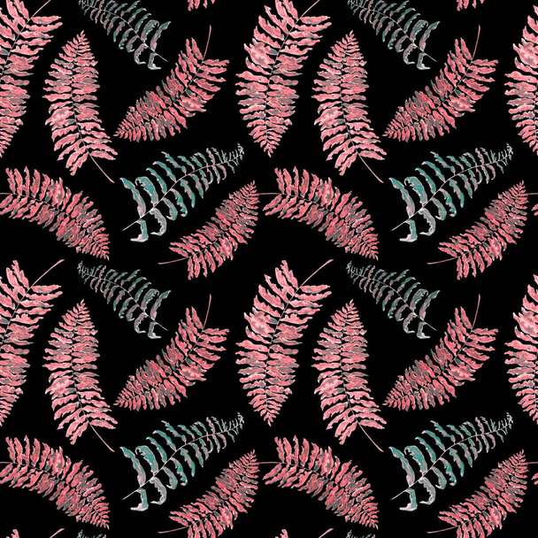 Hawaiian floral seamless patern with watercolor tropical leaves on black. Ferns. Exotic  spring or summer nature background. Colorful texture for any kind of a design. - Фото, зображення