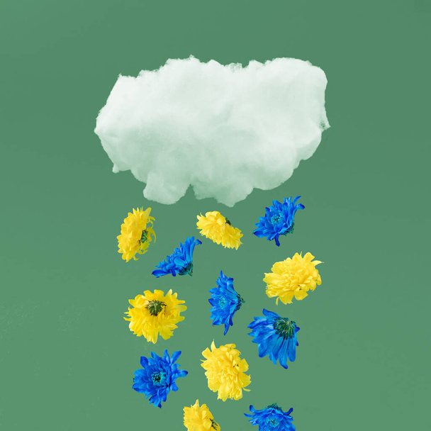 Una pioggia di fiori blu e gialli cade dalla nuvola sullo sfondo verde pastello. Idea minimale estate natura annuncio concetto. - Foto, immagini