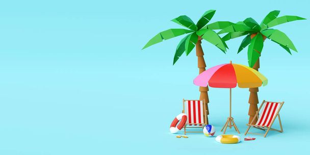 Kesäloma konsepti, ranta sateenvarjo, tuolit ja tarvikkeet alla palmu sinisellä pohjalla, 3d kuva - Valokuva, kuva