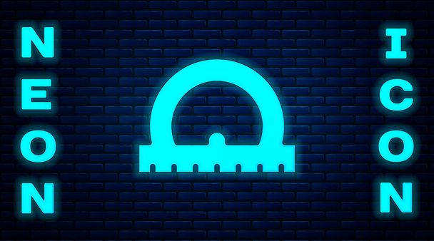 Glowing neon Protractor grid for measuring degrees icon isolated on brick wall background. Tilt angle meter. Measuring tool. Geometric symbol.  Vector. - Vector, Image