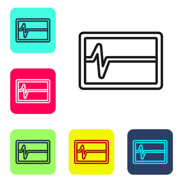 Black line Beat dead in monitor icon isolated on white background. ECG showing death. Set icons in color square buttons. Vector. - Vector, Image