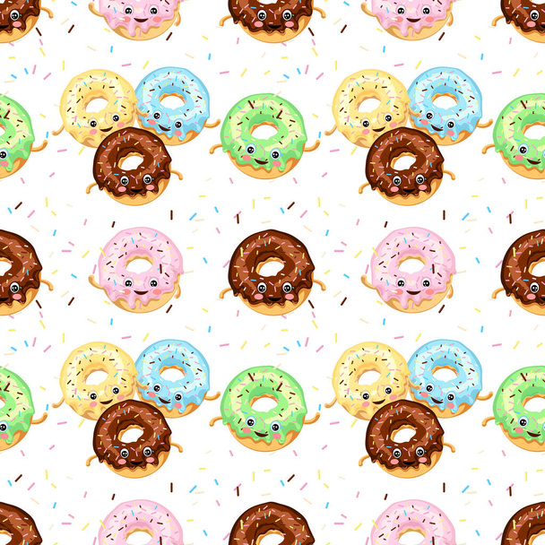 Seamless pattern of multicolored funny donuts with eyes in sugar glaze and chocolate. Vector illustration isolated on white background. - Vector, Image