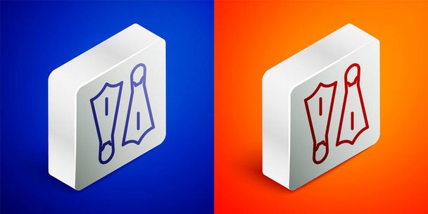 Isometric line Rubber flippers for swimming icon isolated on blue and orange background. Diving equipment. Extreme sport. Sport equipment. Silver square button. Vector. - Vector, Image
