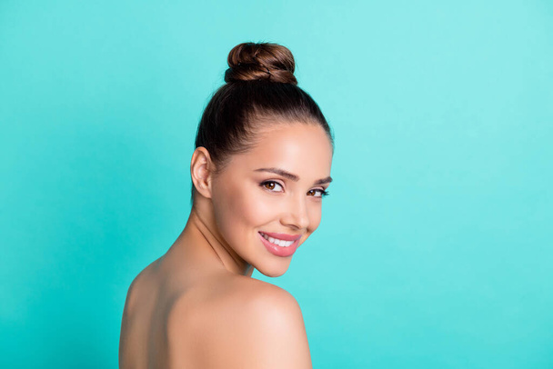 Profile side view portrait of attractive cheery girl fresh flawless skin shower bath aesthetic isolated over bright teal turquoise color background - 写真・画像