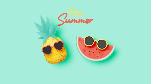 Tropical fruits with beach background in cute 3d art style and pastel color scheme background vector illustration - Вектор,изображение