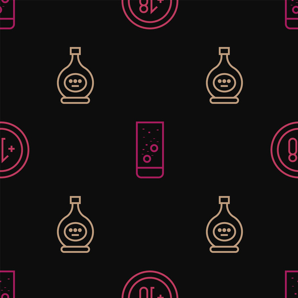 Set line Alcohol 18 plus, Botella de coñac o brandy y tabletas efervescentes en agua en patrón transparente. Vector - Vector, imagen