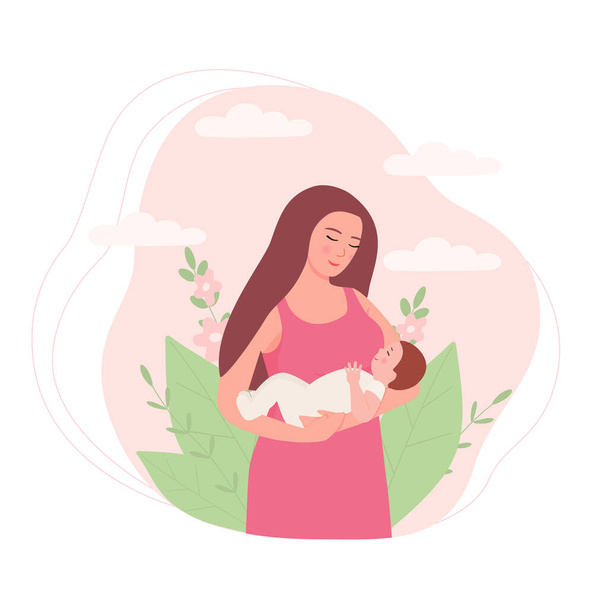 Una donna tiene un bambino tra le braccia. Madre e figlio, il concetto di maternità, amore, famiglia. Illustrazione vettoriale piatta per decorazione e design - Vettoriali, immagini