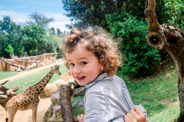 Ευτυχισμένο κορίτσι στην πρώτη της επίσκεψη σε ζωολογικό κήπο που επισκέπτεται καμηλοπαρδάλεις. - Φωτογραφία, εικόνα