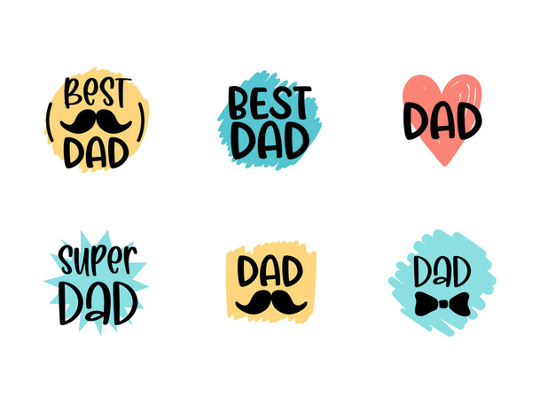 Isolated Happy fathers day set with quotes on bright backgrounds. Best dad. Congratulation label, badge vector. - Vector, Image