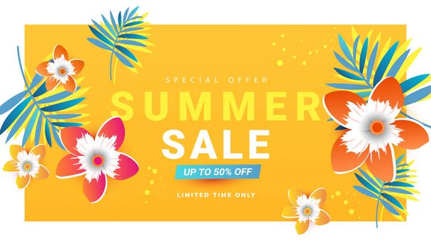 Bannière chaude de vente d'été avec décor de feuilles tropicales sur fond lumineux avec espace de copie. Illustration vectorielle - Vecteur, image