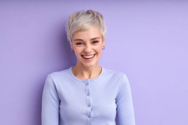 Joyous happy woman with short hair laughing, feeling happiness, have fun - Foto, Imagen