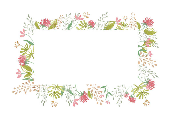 Watercolor floral Frame with leaves and Flowers. Hand drawn illustration of Border for Wedding invitations or any design. Plants on white isolated Background - Photo, Image