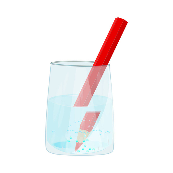 Refraction through a glass. Refraction of light. Water causes light to deflect. Glass with water and pencil. Optic lens effect and change of angle. Bending light rays. Physics experiment. Stock vector illustration - Wektor, obraz