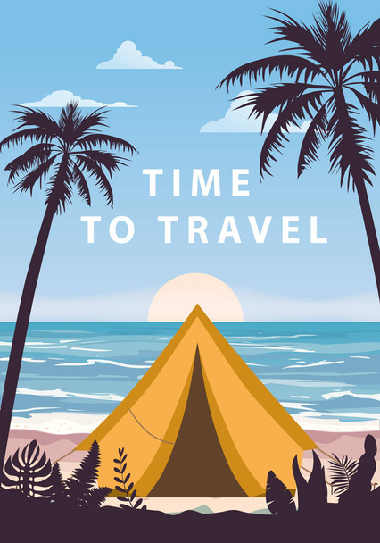 Час подорожувати. Туристичний наметовий табір на тропічному пляжі, долоні. Літній відпочинок узбережжя лінії пляж море, океан, подорожі
 - Вектор, зображення