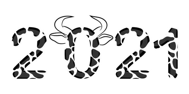 Новый год быка 2021 года. Пятнистая корова черно-белого цвета. Креативные номера для печати на открытках, подушках, книжных обложках, веб-сайтах.  - Фото, изображение