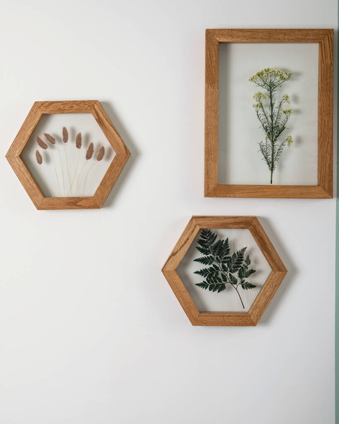 Dry flowers in a frame. walls with botanical leaves. Eco-friendly boho decor. - Foto, imagen