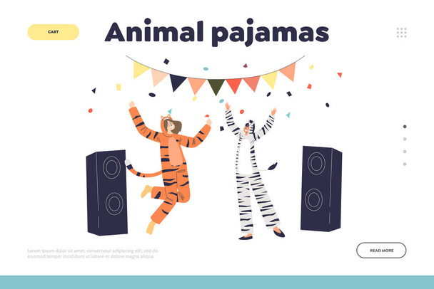 Pijama animal fiesta concepto de landing page con hombre y mujer vestido kigurumi jumpsuit dance - Vector, imagen