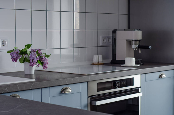 Modern stylish Scandinavian kitchen interior with kitchen utensils. - Zdjęcie, obraz