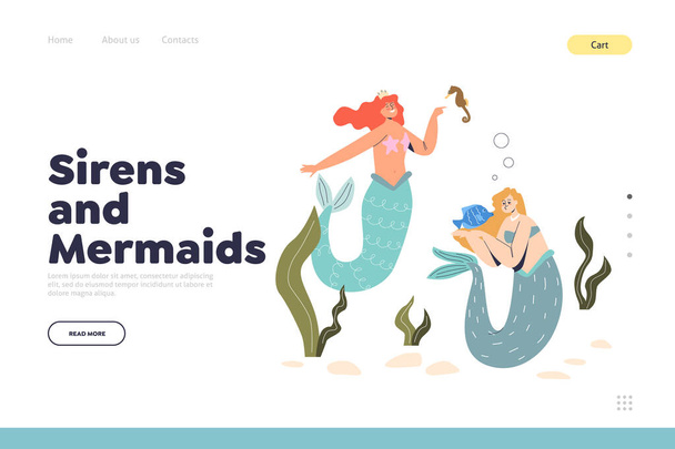 Sirenas y sirenas concepto de landing page con ninfas acuáticas con colas de pescado bajo el agua - Vector, Imagen