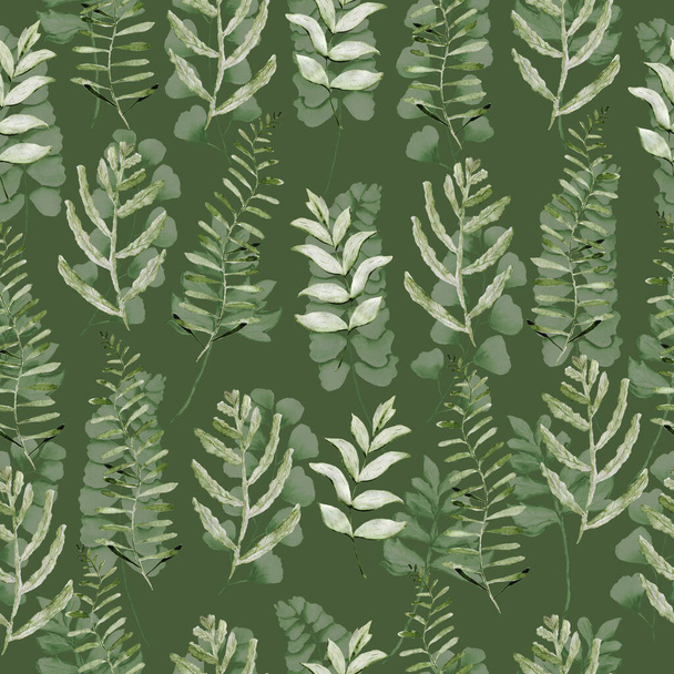 Watercolor pattern with fern leaves. Texture for fabric and wrapping paper. Herbal print. - Foto, imagen