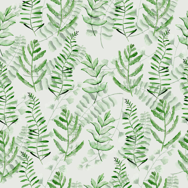 Watercolor pattern with fern leaves. Texture for fabric and wrapping paper. Herbal print. - Foto, Bild