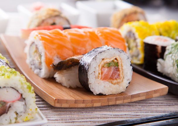 Japanese seafood sushi set, close-up. - Фото, изображение
