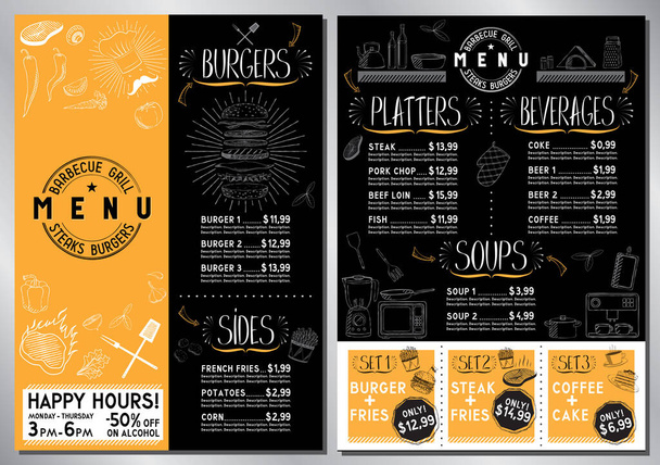 Barbecue and grill bar menu template - A4 card (burgers, beef steaks, soups, sides, sets, drinks) - Vector, Image