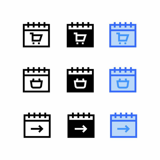 icono de la fecha de compra con tres símbolos de signo de fecha y hora de estilo y recordatorio de evento, iconos de calendario establecidos - Vector, imagen