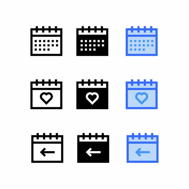 icono de programación con tres símbolos de signo de hora y fecha de estilo y recordatorio de eventos, iconos de calendario establecidos - Vector, Imagen