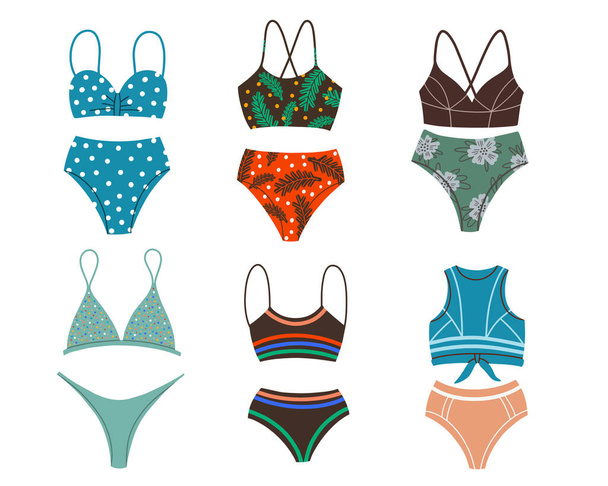 A set of different fashionable swimsuits. Beachwear. Two-piece bathing suits, swimsuits in retro style, sports. Vector Flat Illustration - Vector, Image