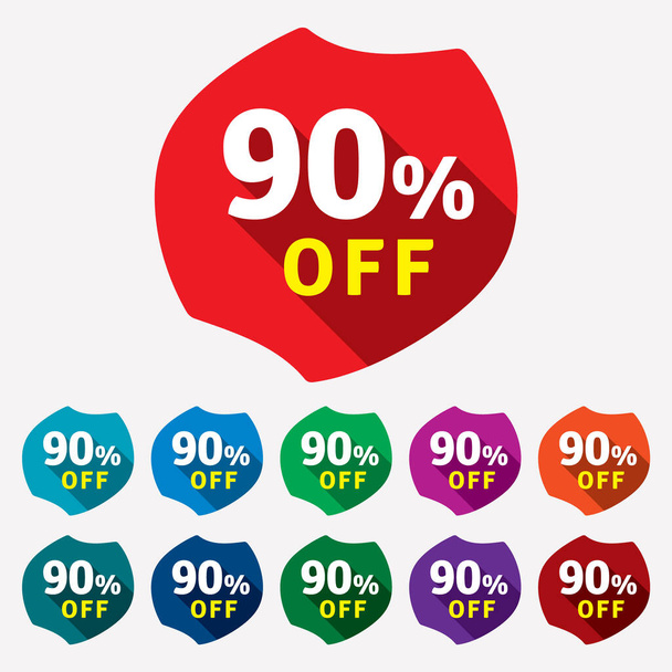 Discount with 90% sale tag isolated in white background. 90% off discount tag, sticker, label, sign, symbol, emblem for promotional advertising campaign. - Vector, Image