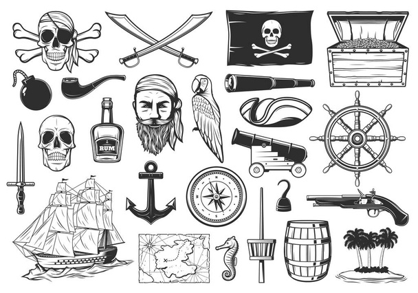Pirates and treasures map icons, Caribbean island and sea adventure, vector. Pirates flag Merry Roger, anchor and compass, rum barrel and cannon bombs, filibuster hadn hook and parrot with gold chest - Vector, Image