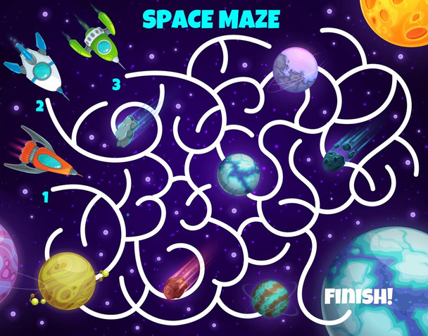 Labyrinth maze game spaceships and planets. Kids vector board game with rockets in space. Boardgame with tangled path, start and finish, cartoon planets and shuttles. Educational children riddle, test - Vector, Image